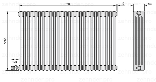 Схема (чертеж) Радиатор Zehnder Charleston 4300/26 №V003 Белый глянцевый RAL 9016
